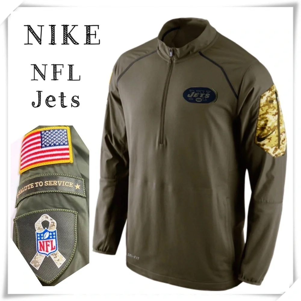 Nike NFL ONFIELD Jets Camo Pocket Half Zip Pullover Jersey Shirt Military Green